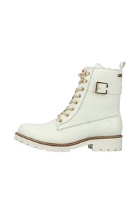 Botín de cuero blanco hasta el tobillo con puntera redonda, herrajes dorados, cordones beige, detalle de hebilla lateral y suela gruesa blanca.
