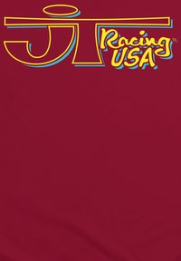 Bordeaux tričko s retro designem a žlutým a modrým nápisem "JT Racing USA." Hladká textura, volný střih, žádné další vzory.