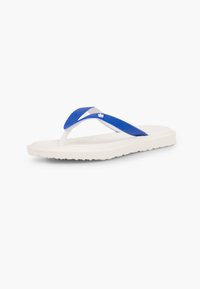 Blau-weißer Flip-Flop mit strukturiertem Fußbett, V-förmigen Riemen und einem Sternakzent am Riemen. Leicht und mit einfachem Design.
