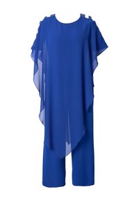Jumpsuit en chiffon bleu avec un ourlet asymétrique, des manches larges et des accents d'épaules. Tissu léger et fluide offrant une coupe ample.