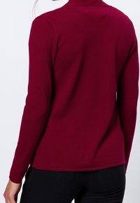 Burgunderrotes langärmliges Oberteil mit einem strukturierten Strickmuster. Besitzt einen hohen Kragen und eine figurbetonte Silhouette, kombinierbar mit schwarzen Hosen.