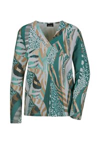 Gepatternde lange mouw top in teal, beige en wit. Heeft een V-hals, gemengde dierlijke en geometrische patronen en een gestructureerde stof.