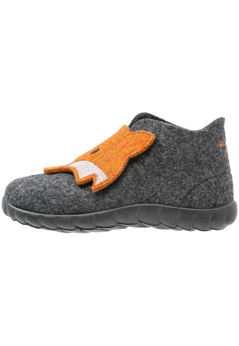 Gray felt slipper with an orange fox appliqué on the side, rounded shape, flexible black rubber sole, and soft texture.