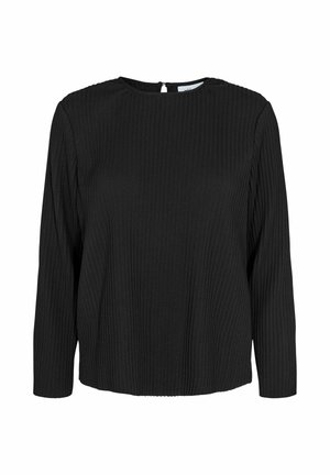 Melna garen piedurkņu blūze ar ribotu struktūru; apaļa kakla izgriezums un atslēgas cauruma detaļa aizmugurē. Standarta piegriezums un mīksts audums.