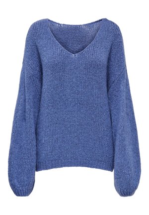Pull bleu doux en maille avec de longues manches bouffantes et un col en V, présentant un motif texturé confortable et une coupe décontractée.