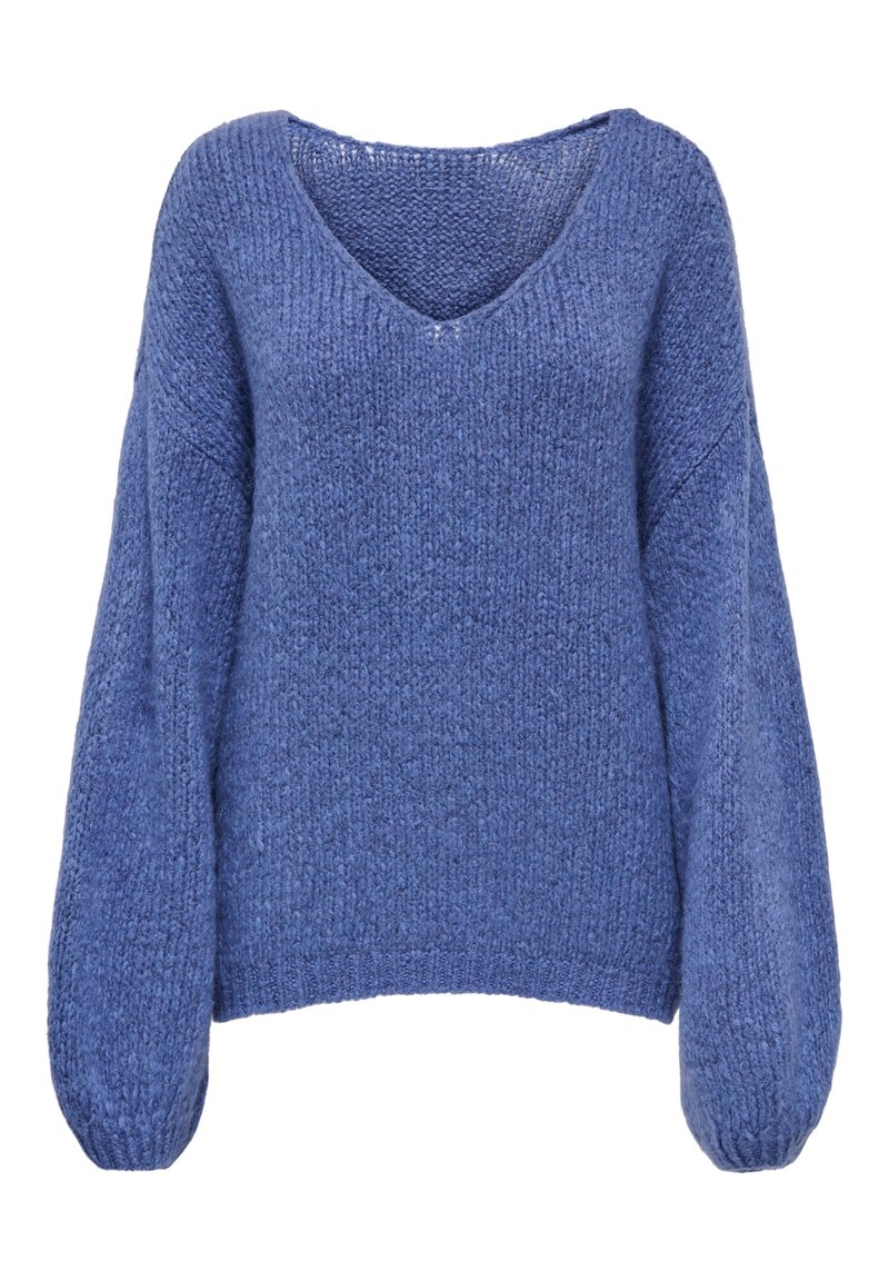 Pull bleu doux en maille avec de longues manches bouffantes et un col en V, présentant un motif texturé confortable et une coupe décontractée.