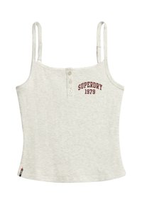 Lichtgrijze geribbelde tanktop met verstelbare bandjes, drie drukknoopjes en het "SUPERDRY 1979" logo in donkerrood op de voorkant. Gestructureerde stof.