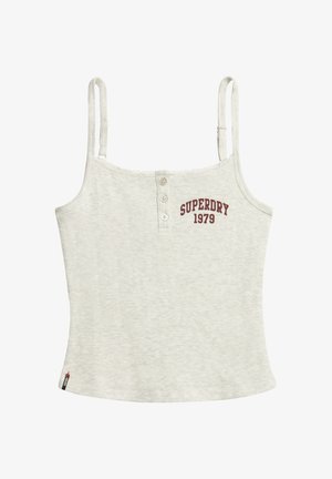 Lys grå ribbet tanktop med justerbare stropper, tre trykknapper og "SUPERDRY 1979" logo i mørkerød på forsiden. Tekstureret stof.