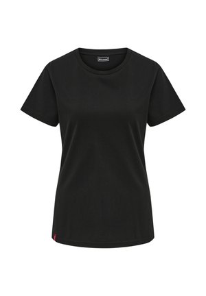 Zwart dames T-shirt met korte mouwen en ronde hals, eenvoudig ontwerp en klein merkje vlakbij de onderzoom.