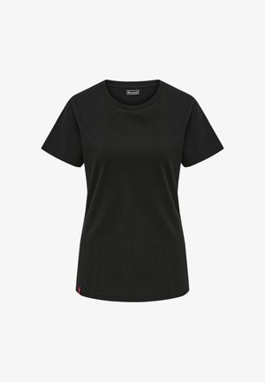 Zwart dames T-shirt met korte mouwen en ronde hals, eenvoudig ontwerp en klein merkje vlakbij de onderzoom.