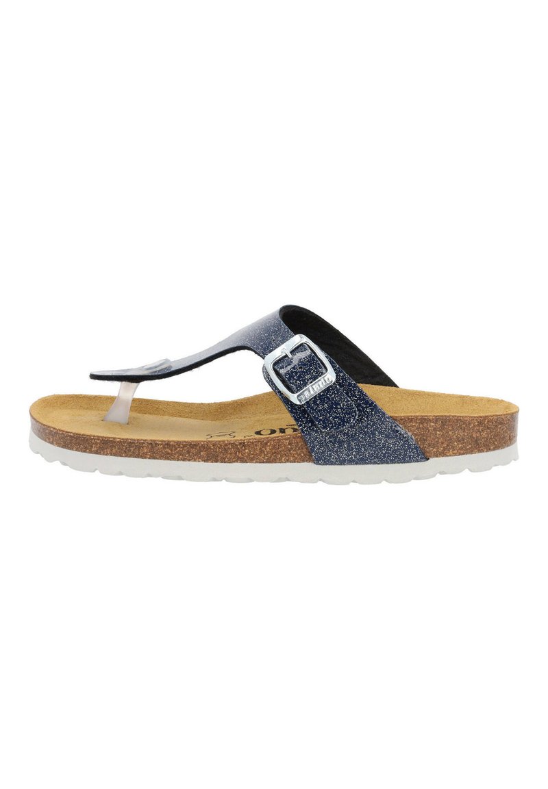 Marina glittrande tongsandaler med korkfot sula, gummisula och detaljer i silver. Remmarna är gjorda av ett skinande, hållbart material.