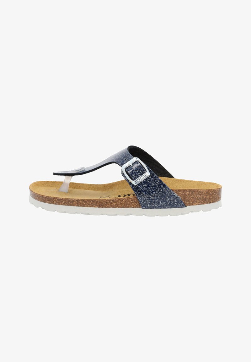Blue glittery flip-flop sandal with a cork footbed, clear strap between toes, and black accents, featuring a silver buckle on the side.