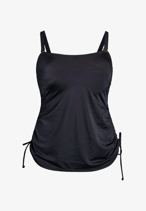 Débardeur noir à bretelles spaghetti réglables. Présente un côté froncé avec cordons pour une longueur ajustable. Tissu lisse et extensible.