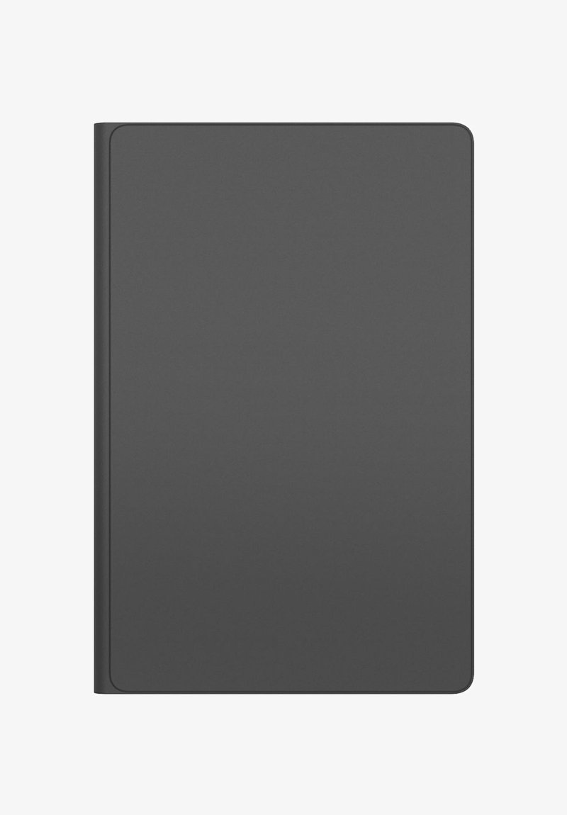 Schwarzes Hardcover-Notizbuch mit einer glatten, matten Oberfläche, abgerundeten Kanten und dezenten, prägeverzierten Details auf dem Rücken.