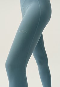 Un paio di leggings aderenti di color teal smorzato, realizzati in tessuto morbido. Presentano un logo discreto sulla coscia e cuciture piatte.
