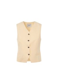 Gilet senza maniche di colore giallo chiaro con scollatura a V, cinque bottoni scuri e due tasche frontali. Realizzato in tessuto testurizzato.