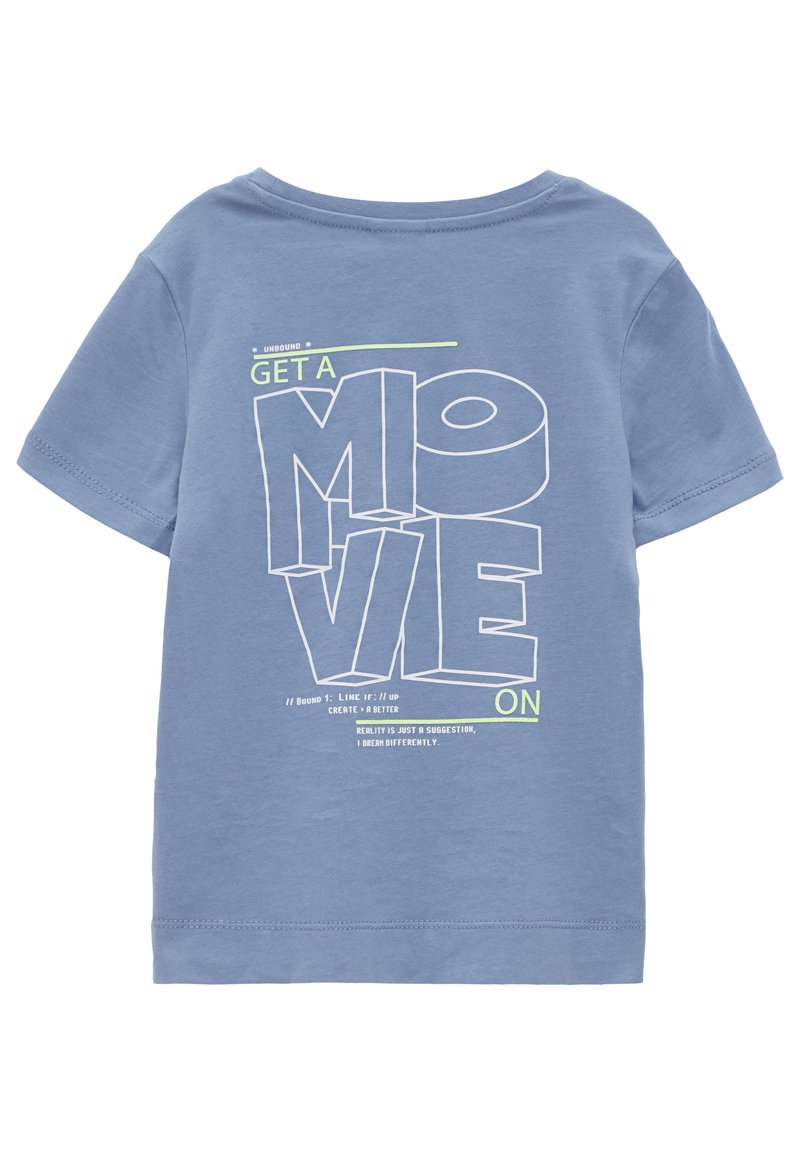 Blauwe katoen t-shirt met een grafische print met de tekst "KOM IN BEWEGING" in vetgedrukte witte en neon groene letters. Korte mouwen en klassieke ronde hals.