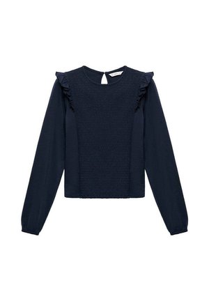 Marineblauwe blouse met lange mouwen, voorzien van ruches op de schouders, een gesmokte voorpaneel en een sleutelgaatjesknopenluiting aan de achterkant van de hals.
