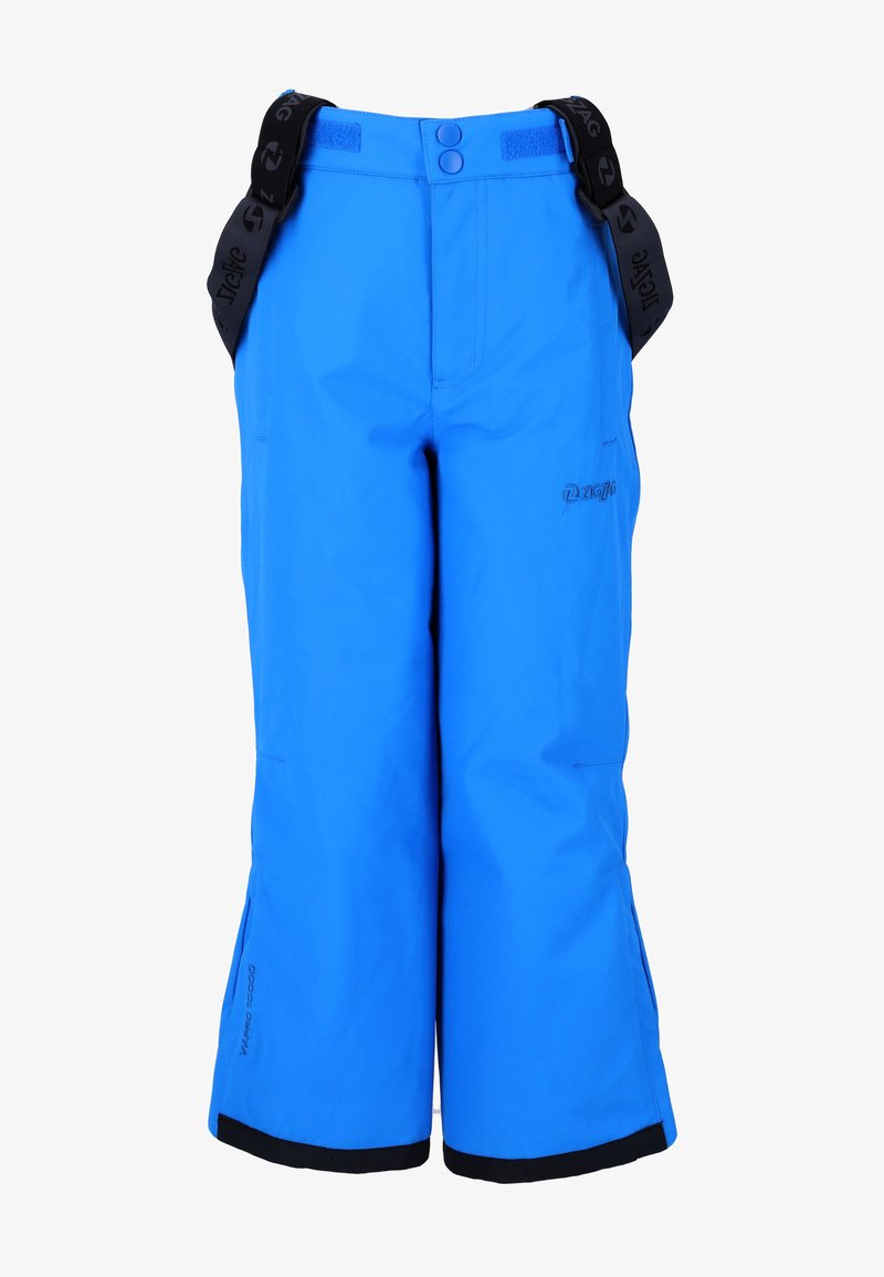 Blaue wasserdichte Skihosen mit verstellbaren schwarzen Trägern, zwei Knöpfen an der Taille und schwarzem Besatz an den Säumen für zusätzliche Langlebigkeit.