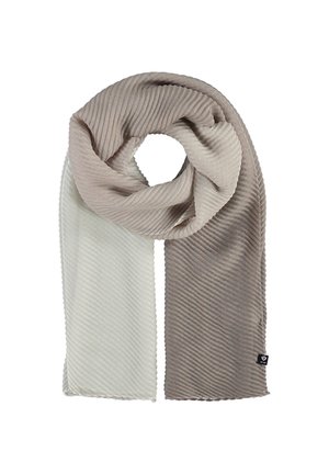 Écharpe côtelée douce pliée en boucle, avec un côté beige clair et l'autre écru, avec une petite étiquette noire sur le côté beige.