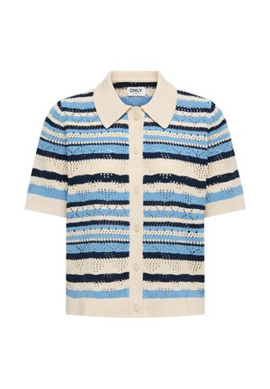 Krátky pletený kardigán s pruhmi v béžovej, modrej a námorníckej farbe, s bodcom golierom a zapínaním na gombíky vpredu.