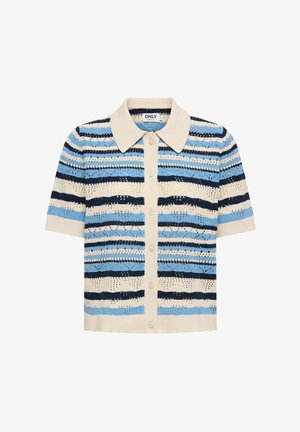Bézs, kék és tengerészkék csíkozású, rövid ujjú kötött kardigán hegyes gallérral és elöl gombos záródással.