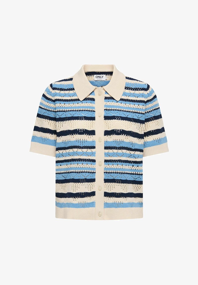 Cardigan en maille à manches courtes rayé beige, bleu et marine avec un col pointu et une fermeture à boutons sur le devant.