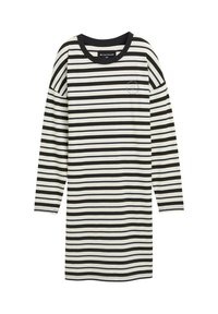Gestreiftes Langarmkleid mit schwarz-weißen horizontalen Streifen, rundem Ausschnitt und kleinem Logo auf der linken Seite. Weicher Stoff.