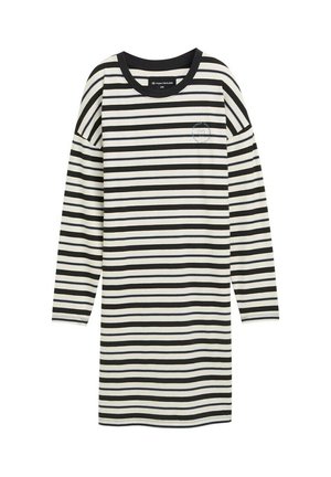 Rochie cu dungi lungi, cu mânecă lungă, având dungi orizontale alb-negru, un decolteu rotund și un mic logo pe partea stângă. Material moale.