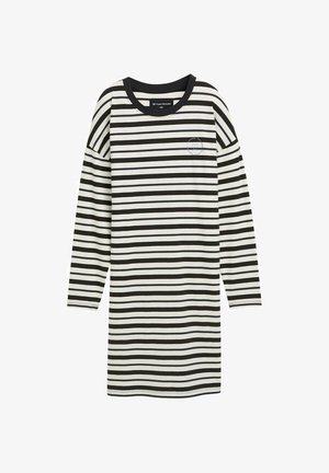 Csíkos, hosszú ujjú ruha fekete és fehér vízszintes csíkokkal, lekerekített nyakkivágással és kis logóval a bal oldalon. Puha anyagból készült.