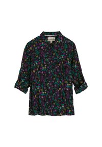 Camicia nera con bottoni caratterizzata da un motivo floreale in tonalità viola, verde e giallo, con maniche arrotolate e colletto alla francese.