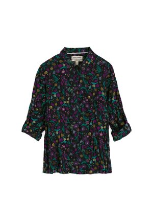 Melna pogu krekls ar ziedu rakstu purpura, zaļā un dzeltenā tonī, ar sarullētām piedurknēm un izkliedētu apkakli.