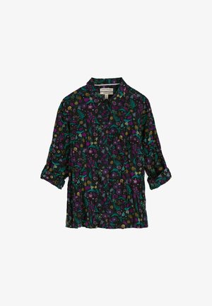 Juodas marškinėlis su mygtukais, puoštas violetiniais, žaliais ir geltonais gėlių raštais, su sukėlėmis ir plačia apykakle.