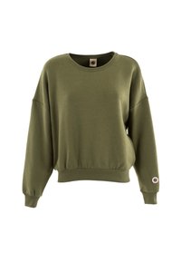Sudadera verde oliva hecha de un tejido suave, con un escote redondeado, hombros caídos, puños acanalados y un detalle de logo en la manga.
