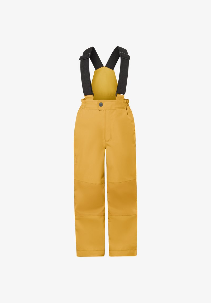 Geltonos vandeniui atsparios vaikų sniego kelnės su reguliuojamomis juodomis petnešomis ir sustiprintomis kelių detalėmis.