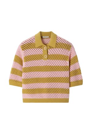 Pull polo manches courtes en maille avec des rayures horizontales en point ajouré alternant rose et moutarde et deux boutons au col.