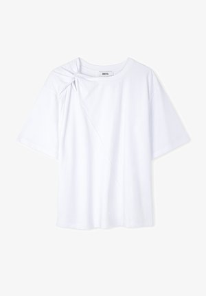 Witte katoenen T-shirt met een geknoopte detail op de linkerschouder, korte mouwen, een ontspannen pasvorm en een rechte zoom.