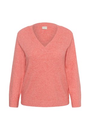 Pull en tricot rose corail doux à col en V avec manches longues, poignets et ourlet côtelés, présenté sur un fond blanc.