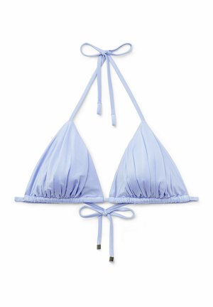 Light lavender triangle bikini top with gathered fabric, adjustable ties at the neck and back, and silver hardware accents.