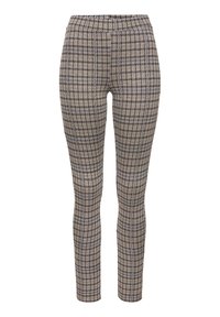 Elastische broek met tailleband in een beige en bruine ruitpatroon. Strakke pasvorm met een gladde textuur en naadloos ontwerp; zonder zakken of versieringen.