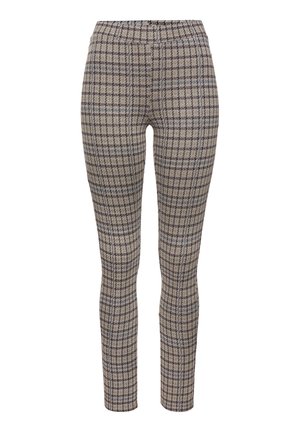 Hose mit elastischem Bund in einem beigen und braunen Karomuster. Schmaler Schnitt mit glatter Textur und nahtlosem Design; keine Taschen oder Verzierungen.