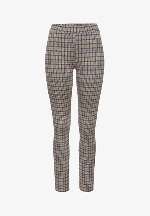 Hose mit elastischem Bund in einem beigen und braunen Karomuster. Schmaler Schnitt mit glatter Textur und nahtlosem Design; keine Taschen oder Verzierungen.