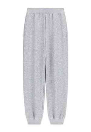 Svetlo sive trenirka hlače z elastičnim pasom in robovi, izdelane iz mehke tkanine, z majhnim logotipom na zgornjem delu stegna.