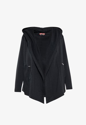 Veste noire à capuche ouverte à l'avant avec manches longues et cordons ajustables de chaque côté.