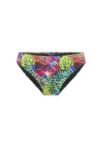 Šareni bikini donji dio s tropskim uzorkom lišća i cvijeća u živopisnim bojama na crnoj pozadini, izrađen od glatkog, rastezljivog materijala.