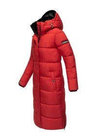Red padded parka with a faux fur-lined hood, zip closure, and side pockets. Features quilted design and adjustable cuffs for warmth.