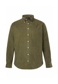 Camicia in velluto a coste verde oliva con colletto button-down, bottoni bianchi, maniche lunghe e orlo dritto. Presenta un tessuto testurizzato a righe.