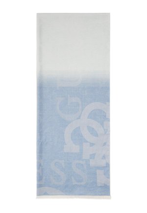 Serviette tissée légère présentant un dégradé ombragé allant du blanc au bleu clair, avec des motifs de texte abstraits en blanc et des bords frangés.