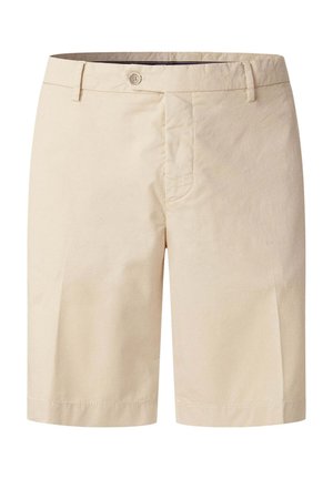 Beige maßgeschneiderte Shorts knielang mit Knopfverschluss, Gürtelschlaufen und dezenten vorderen Nahtdetails.
