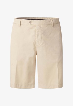 Beige maßgeschneiderte Shorts knielang mit Knopfverschluss, Gürtelschlaufen und dezenten vorderen Nahtdetails.